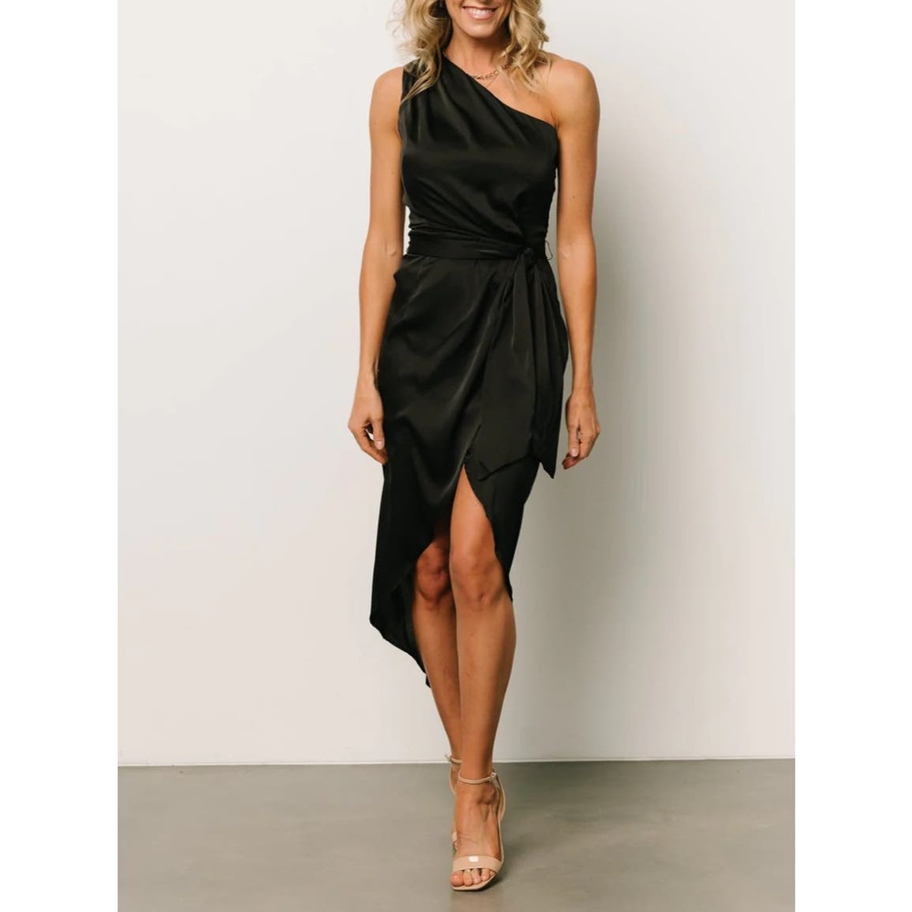 Baltic Born Black One-Shoulder Satin Midi Dress